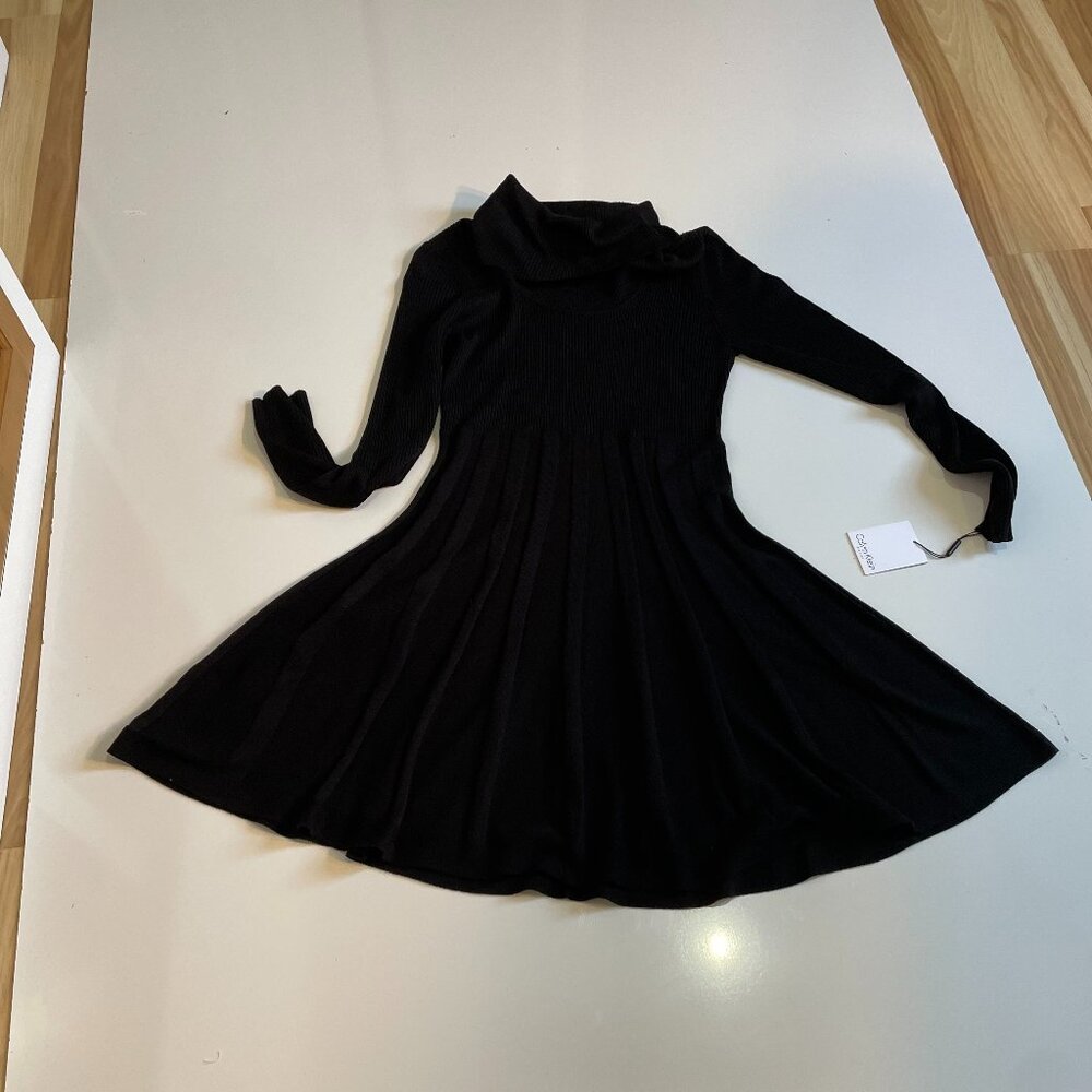 Calvin Klein Sweater Dress Cowl Neck Midi Black Long Sleeved Women's Size Medium